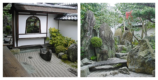 Kyoto’da güzel kaya bahçeleri ya da kuru manzara bahçeleri de vardır. Bunlardan biri Kuzey Kyoto’daki Daitokuji Tapınağı içindeki bir düzine tapınaktan biri olan Daisenin’i çevreleyen kaya bahçeleri, bu tür bahçelerin en güzellerindendir. Dikey yerleştirilen taşlar dağları ve adaları, beyaz çakıl suyu temsil eder. japan-guide.com